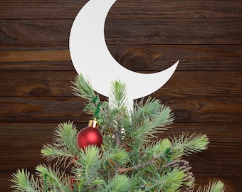 Crescent Moon Tree Topper Christmas Decor  - White Metal Tree Topper