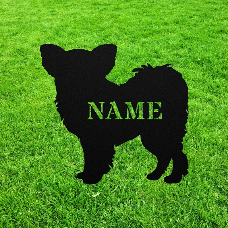 May include: Black metal silhouette of a Papillon dog with the word "NAME" in white lettering.