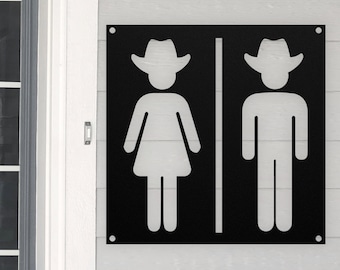 Cowboy Cowgirl Bathroom Metal Sign, Western Restroom Decor