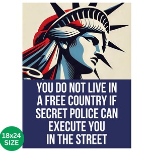 May include: An 18x24 inch poster featuring the Statue of Liberty in red, white, and blue. The poster has the text: "YOU DO NOT LIVE IN A FREE COUNTRY IF SECRET POLICE CAN EXECUTE YOU IN THE STREET."