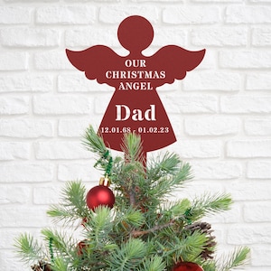 Memorial Angel Personalised Christmas Topper - Christmas Decoration Ornament - Remembrance Christmas Tree  - Red Metal