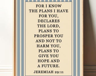 Jeremiah 29:11 Striped Bible Verse Print Wall Art, Christian Home Decor, Vintage Poster PHYSICAL PRINT