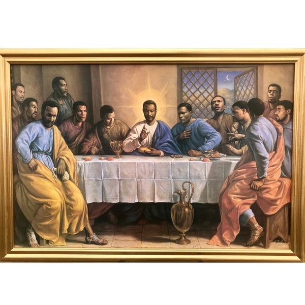 African American The Last Supper Jesus Christ Wall Art Decor Framed Poster | 23x35 (Painting Like) Textured  Religious Christian Artwork