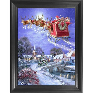 Santa Clause Christmas Sleigh 3D Poster Wall Art Decor Framed Print | 14.5x18.5 Santa Claus Posters & Pictures Decoration | Animated Holiday