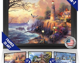 Cottages 3D Art Decor Framed Print  14.5 x 18.5 Beautiful Landscape Natural Forrest and Water Scene Lenticular Posters and Pictures Seascape