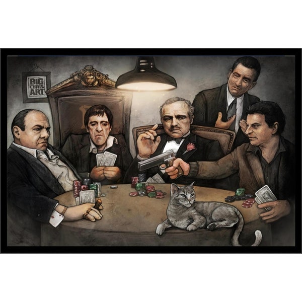 Mafia Gangster Poker Wall Art Decor Framed Print | Scarface, Sopranos, Goodfellas Movies Posters | 24x36 (Canvas/Painting) Textured Poster