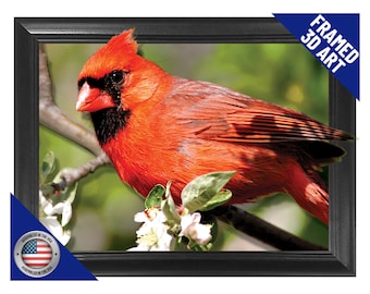 Cardinal 3D Poster Wall Art Decor Framed Print | 14.5x18.5 Posters & Pictures | Nature Forest Scene of Beautiful Red Bird