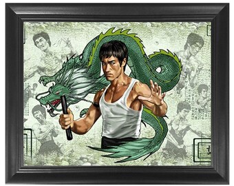 Bruce Lee 3D Poster Wall Art Decor Framed Print | 14.5x18.5 Posters & Pictures | Kong Fu Fan Art Photo for the Man Cave or Bedroom Walls