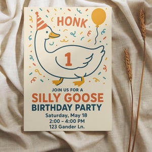 Convite de aniversário do Silly Goose | Convite para festa de aniversário do Silly Goose | Download digital editável | Tema engraçado do ganso 5x7