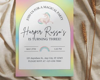 May include: A pastel-colored invitation for a magical party. The invitation features a unicorn illustration and the text "Join us for a magical party" and "Harper Russo's is turning three!" with the date, time, and RSVP information.