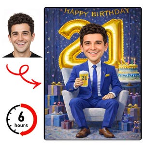 Puede incluir: Ilustración digital de un hombre con un traje azul sosteniendo una cerveza con el número "21", sentado en una silla. Globos dorados con forma del número "21" y una tarta de cumpleaños en el fondo. Las palabras "HAPPY BIRTHDAY" están en la parte superior.