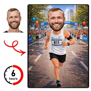 Peut inclure: Une caricature d'un homme courant un marathon. Il porte un débardeur blanc avec le numéro 811, un short noir et des chaussures de course. L'arrière-plan montre une rue de la ville avec une foule et une bannière de marathon.