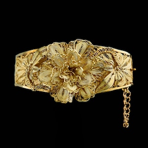 Rare Antique Gold-plated Silver Bracelet with Portuguese Filigree. Gold Plated Silver Filigree Flower Bracelet. Silver Retro Bracelet. Gift.