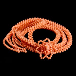 Vintage Sautoir Necklace with Flower Made of Natural Unpainted Japanese Coral in Soft Pink Color &quot;Angel Skin&quot;, 54g. Gift Idea.