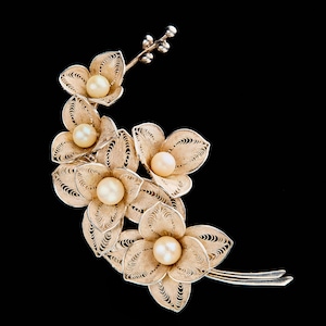 Rare large antique filigree brooch in the form of a sprig of flowers made of silver with natural large white pearls. A unique gift.