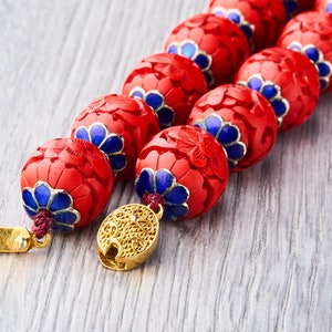 Vintage 20/30&#39;s Red Chinese Hand Carved Lacquer Vermilion Enamel Cloisonné. Antique Chinese longevity necklace from Cinnabar. A unique gift