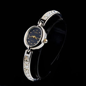 Vintage women&#39;s quartz watch CHAIKA with black dial and bracelet with zircons, vintage jewelry. Ladies Watch CHAIKA Unique gift Gift for her