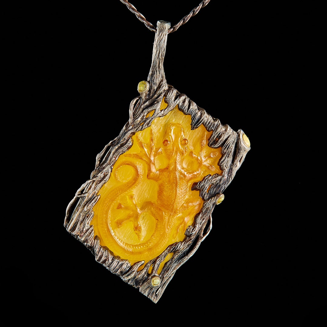 Carved Amber Pendant. Carved Amber Lizard. Real Baltic Amber Necklace