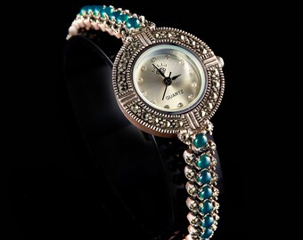 Vintage Sterling Silver Women's Cocktail Watch Set with Marcasite and Green Gemstones. Quartz women's wristwatch. Unique Gift.