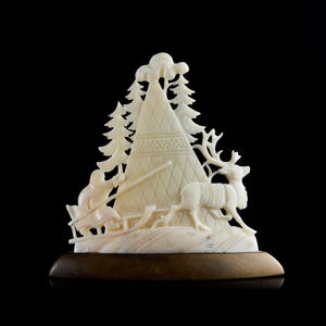 Vintage Collectible Inuit Sculpture from the Mid-20th Century. Handmade Collectible Eskimo Scene on Pedestal for Inuit Collectors. Gift Idea