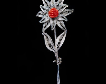Antique Filigree 800 Silver Flower Brooch with Red Carved Coral. Gift for Valentine's Day.
