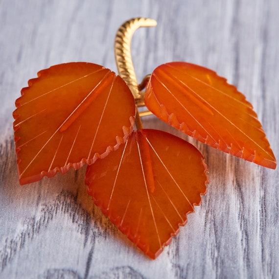 Vintage Baltic Amber Leaves Pin Egg Yolk Buttersc… - image 2