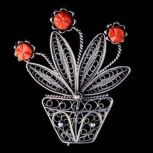 Rare Antique Filigree 916 Silver Flower Brooch with Red Carved Coral. Unique gift. Gift for her. Gift for Birthday, Anniversary or Christmas