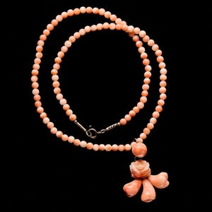 Vintage necklace made of natural pink coral &quot;Angel Skin.&quot; Coral Rose Pendant. Carved Coral. Unique Gift.