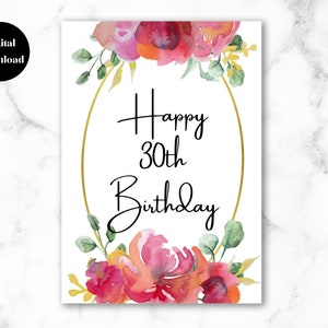 30 Geburtstagskarte für sie, rosa Aquarell Karte für Frau, Freundin, Schwester, Sofort Download