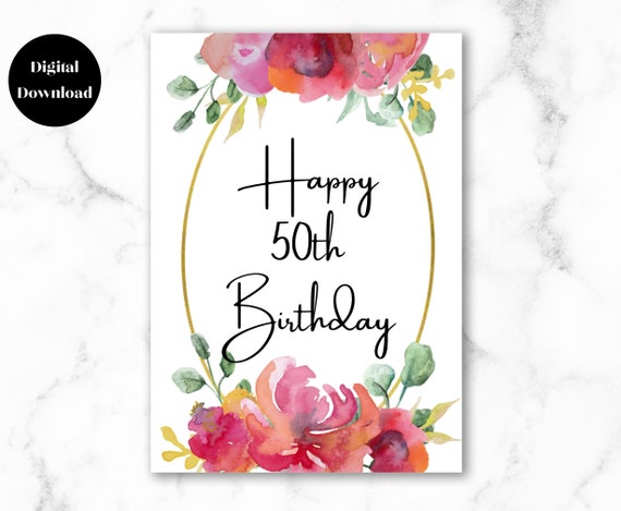 50th birthday card for her printable fifty birthday card for etsy