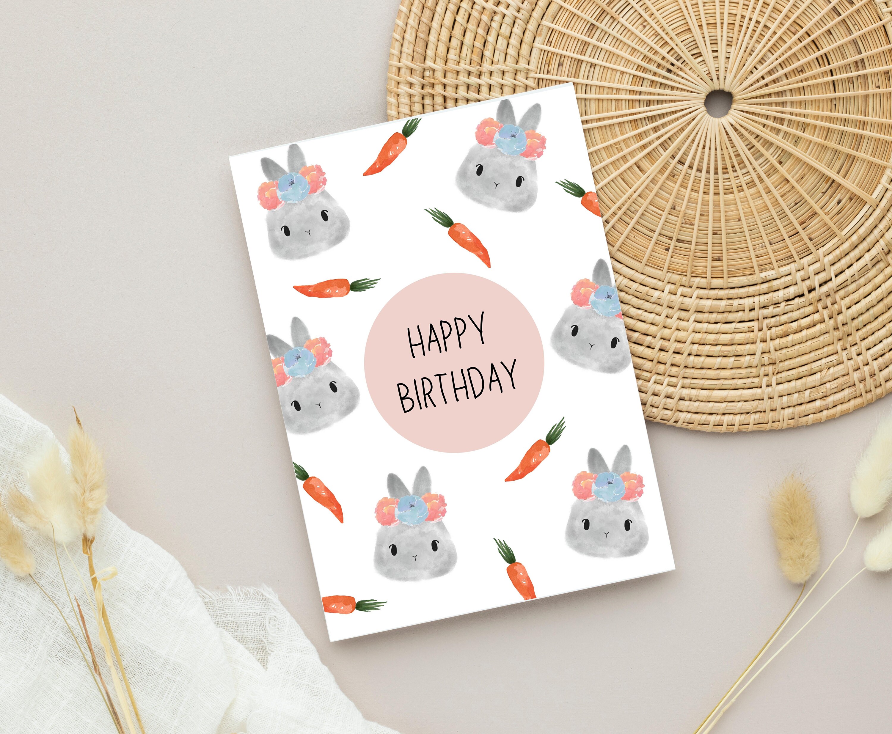 Printable Birthday Bunny Card, Watercolor Rabbit Illustration Card ...
