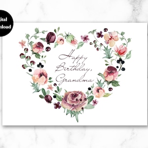 Cartão de feliz aniversário para impressão para vovó, download instantâneo de cartão de aniversário para vovó, download digital, cartão floral em aquarela 5x7 e 4,25x5,5