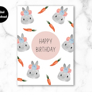 Printable Birthday Bunny Card, Watercolor Rabbit Illustration Card, Rabbit Lover Gift, Cute Grey Rabbit Birthday Card, Instant Download