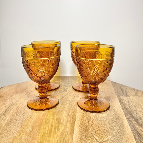 Vintage Amber Glass Wine Glasses - Set of 4 Boho Wine Glasses - Orange Glass Wine Stem Glasses - Bar Cart Decor / Accessories