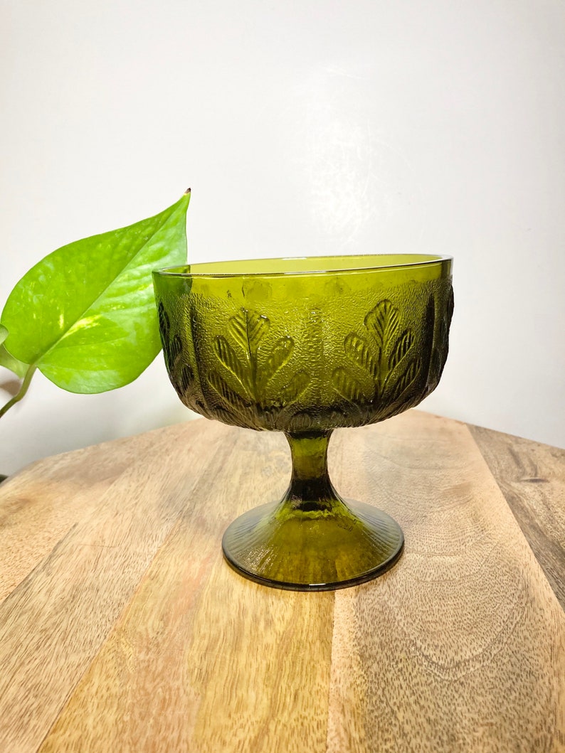 Vintage Green Glass Pedestal Bowl Mid Century Modern Glass Etsy