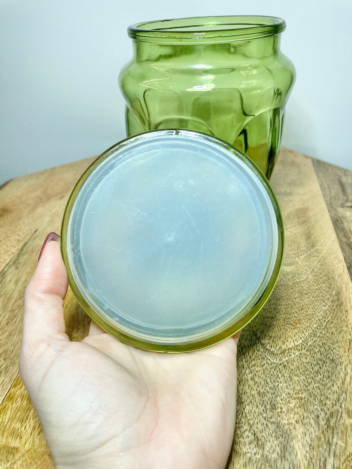 Vintage Green Glass Storage Jar With Lid Boho / Eclectic Etsy