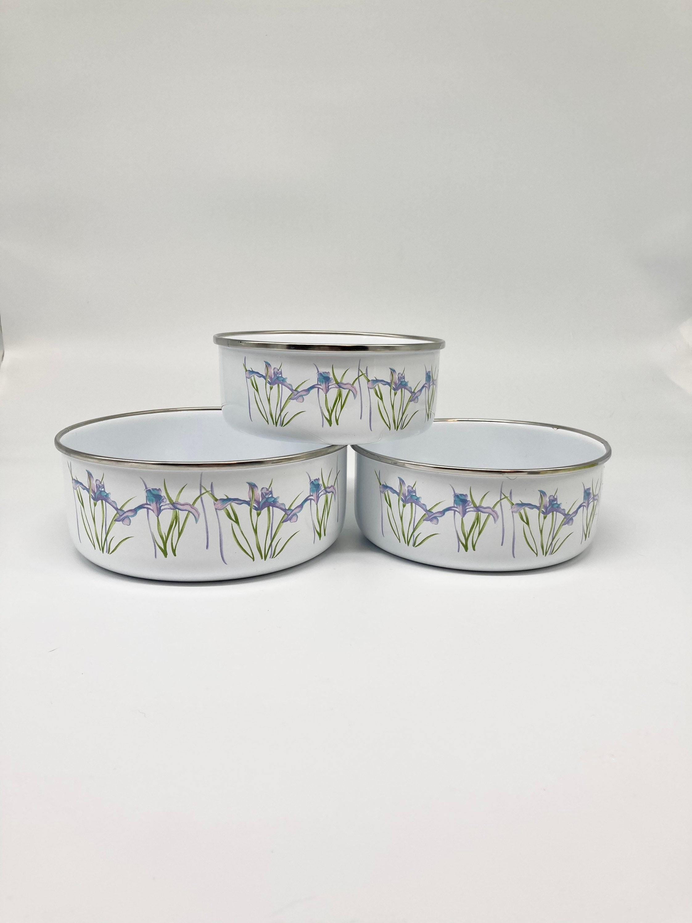 Vintage 3 Piece Floral Enamel Bowls Iris Serving Bowls 3 Etsy