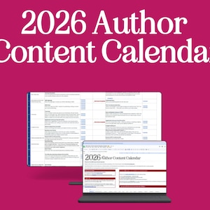 Puede incluir: Un calendario de contenido digital para 2026 se muestra en un monitor de computadora y una computadora portátil sobre un fondo magenta. El texto "2026 Author Content Calendar" está en la parte superior de la imagen en blanco. El calendario es una hoja de cálculo.