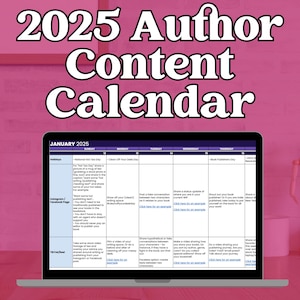Op de afbeelding: Een laptopscherm met een 2025 Author Content Calendar voor januari. De kalender is verdeeld in dagen van de week en bevat feestdagen, Instagram- en Facebookpagina-ideeën en film-/tv-ideeën.