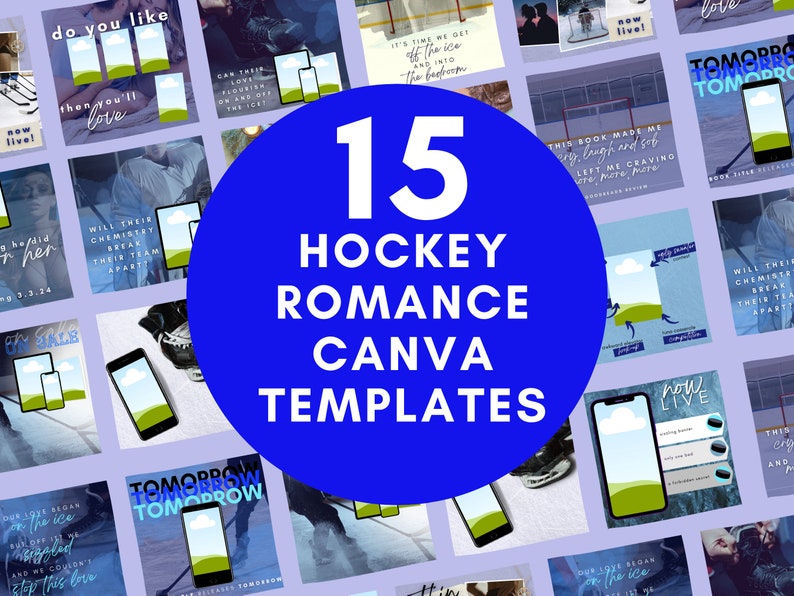 Puede incluir: Un c&iacute;rculo azul con el texto "15 HOCKEY ROMANCE CANVA TEMPLATES" en blanco. El c&iacute;rculo est&aacute; rodeado de 15 im&aacute;genes diferentes de portadas de libros de romance con tem&aacute;tica de hockey. Las im&aacute;genes est&aacute;n en un patr&oacute;n de cuadr&iacute;cula y todas sobre un fondo morado claro.