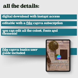 以下が含まれることがあります： Canva Basicsガイド用のCanvaテンプレートのデジタルダウンロード。テンプレートは、ラップトップ、植物、時計のあるデスクの白黒写真でシンプルなデザインになっています。「Meet Cute Creative」と「Canva Basics a simple guide」のテキストがテンプレートに表示されています。