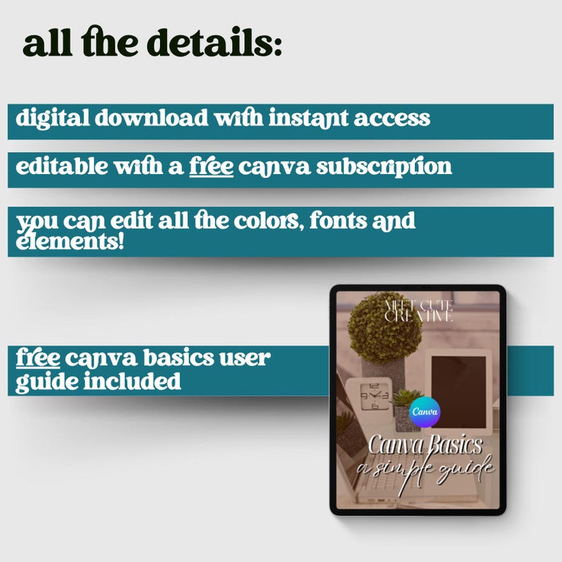 以下が含まれることがあります： Canva Basicsガイド用のCanvaテンプレートのデジタルダウンロード。テンプレートは、ラップトップ、植物、時計のあるデスクの白黒写真でシンプルなデザインになっています。「Meet Cute Creative」と「Canva Basics a simple guide」のテキストがテンプレートに表示されています。
