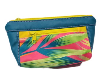 Neon Blue Tropical Zipper Pouch - Handmade Upcycled Pouch