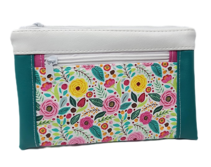 Colorful Flower Teal Double Zipper Pouch - Double Zipper Devon Pouch