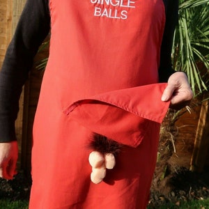 Secret Willy  novelty aprons for men . Embroidered with  &quot;Jingle Balls&quot; & 8 slogans. 6 colors Made in Uk by Chrisym