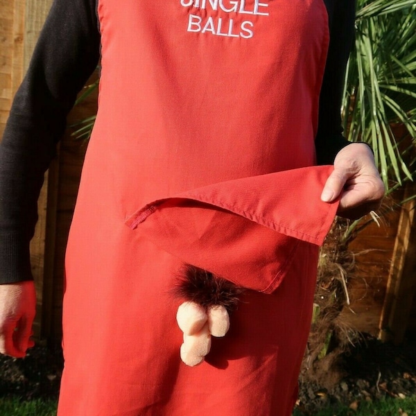 Secret Willy  novelty aprons for men . Embroidered with  "Jingle Balls" & 8 slogans. 6 colors Made in Uk by Chrisym