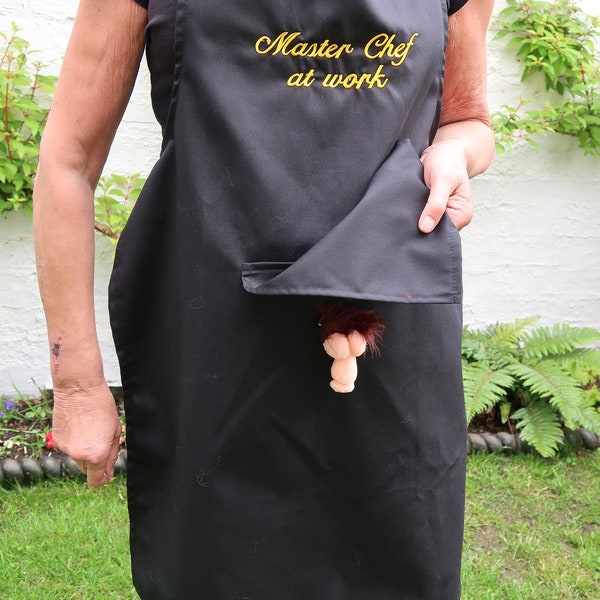 Apron  Novelty Kitchen Chef for men .Secret Willy Embroidered with Sausage Anyone  or 6 other slogans  and  6 colors. Made in Uk by Chrisym