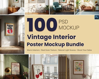 100 Vintage Innenrahmen Mockup Bundle • Retro Zimmer PSD Mockups • Wandkunst Poster Mockups