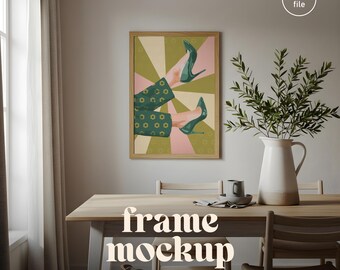 Frame Mockup: Minimal Dining Room Scene, Natural Light, Wooden Table (PSD)
