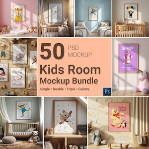 Op de afbeelding: Mockups van kinderkamers met ingelijste illustraties van dieren, personages en inspirerende citaten. De mockups bevatten een vos, een luiaard, een aap, een olifant en een koala. De tekst op de afbeelding luidt "50 Kids Room Mockup Bundle".